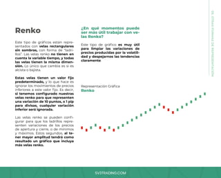 SV3TRADING.COM
05.
OTRAS
FORMAS
DE
REPRESENTACIÓN
Renko
Este tipo de gráficos están repre-
sentados con velas rectangulares
sin sombras, con forma de “ladri-
llos”. Las velas renko no tienen en
cuenta la variable tiempo, y todas
las velas tienen la misma dimen-
sión. Lo único que cambia es si es
alcista o bajista.
Estas velas tienen un valor fijo
predeterminado, y lo que hace es
ignorar los movimientos de precios
inferiores a este valor fijo. Es decir,
si tenemos configurado nuestras
velas renko para que representen
una variación de 10 puntos, o 1 pip
para divisas, cualquier variación
inferior será ignorada.
Las velas renko se pueden confi-
gurar para que los ladrillos repre-
senten variaciones de los precios
de apertura y cierre, o de mínimos
y máximos. Estos segundos, al te-
ner mayor amplitud tendrá como
resultado un gráfico que incluya
más velas renko.
¿En qué momentos puede
ser más útil trabajar con ve-
las Renko?
Este tipo de gráfico es muy útil
para limpiar las variaciones de
precios producidas por la volatili-
dad y despejarnos las tendencias
claramente.
Representación Gráfica
Renko
 