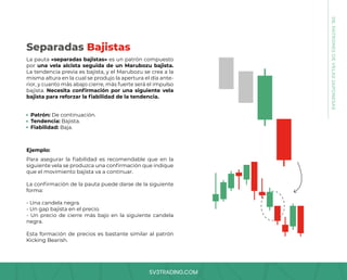SV3TRADING.COM
La pauta «separadas bajistas» es un patrón compuesto
por una vela alcista seguida de un Marubozu bajista.
La tendencia previa es bajista, y el Marubozu se crea a la
misma altura en la cual se produjo la apertura el día ante-
rior, y cuanto más abajo cierre, más fuerte será el impulso
bajista. Necesita confirmación por una siguiente vela
bajista para reforzar la fiabilidad de la tendencia.
Para asegurar la fiabilidad es recomendable que en la
siguiente vela se produzca una confirmación que indique
que el movimiento bajista va a continuar.
La confirmación de la pauta puede darse de la siguiente
forma:
- Una candela negra.
- Un gap bajista en el precio.
- Un precio de cierre más bajo en la siguiente candela
negra.
Esta formación de precios es bastante similar al patrón
Kicking Bearish.
Patrón: De continuación.
Tendencia: Bajista.
Fiabilidad: Baja.
Ejemplo:
Separadas Bajistas
08.
PATRONES
DE
VELAS
JAPONESAS
 