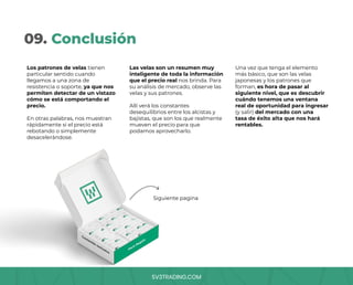 SV3TRADING.COM
09. Conclusión
Los patrones de velas tienen
particular sentido cuando
llegamos a una zona de
resistencia o soporte, ya que nos
permiten detectar de un vistazo
cómo se está comportando el
precio.
En otras palabras, nos muestran
rápidamente si el precio está
rebotando o simplemente
desacelerándose.
Las velas son un resumen muy
inteligente de toda la información
que el precio real nos brinda. Para
su análisis de mercado, observe las
velas y sus patrones.
Allí verá los constantes
desequilibrios entre los alcistas y
bajistas, que son los que realmente
mueven el precio para que
podamos aprovecharlo.
Siguiente pagina
Una vez que tenga el elemento
más básico, que son las velas
japonesas y los patrones que
forman, es hora de pasar al
siguiente nivel, que es descubrir
cuándo tenemos una ventana
real de oportunidad para ingresar
(y salir) del mercado con una
tasa de éxito alta que nos hará
rentables.
 