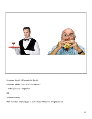 Employee: Spends 5-8 hours in the district.
Customer: Spends +/- 0-2 hours in the district.
1 parking space: 2-3 employees
OR
20-60+ customers
VERY important for employees to park outside of the areas of high demand.
10	
  
 