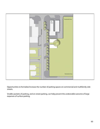 Opportunities to formalize/increase the number of parking spaces on commercial and multifamily side
streets.
Smaller pockets of parking, and on-street parking, can help prevent the undesirable outcome of large
expanses of surface parking.
60	
  
 