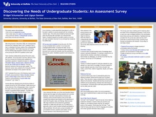 Discovering the Needs of Undergraduate Students: An Assessment Survey Bridget Schumacher and Ligaya Ganster University Libraries, University at Buffalo, The State University of New York, Buffalo, New York, 14260 About the Poster Session Results Conclusion Methods (cont’d)  This poster session demonstrates: ,[object Object]