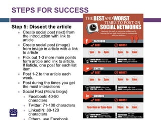 STEPS FOR SUCCESS
Step 5: Dissect the article
¤ Create social post (text) from
the introduction with link to
article
¤ Cre...