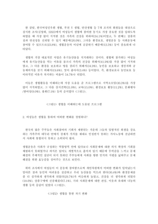 한 살림 한국여성민우회 생협 부천 생협 안산생협 등 개 조직의 회원들을 대상으로, , Y , 7
실시한 조사 김양희 에서 여성들이 생협에 참여한 동기로 가장 중요한 것을 답하도록( , 1993)
하였을 때 가장 많이 지적한 것은 가족의 건강을 위하여 이었고 두 번째는 상품의(34.1%) ,
질과 안전성을 신뢰할 수 있기 때문에 그다음 환경보호 생명운동 등 사회운동에(26.0%), ,
참여할 수 있으므로 생협운동의 이념에 공감하기 때문에 등이 중요하게 나(23.8%), (13.5%)
타났다.
생협의 가장 대표적인 사업은 유기농산물을 직거래하는 것이다 생협에 참가하는 여성들.
에게 유기농산물을 먹는 이유를 물으니 가족의 건강을 위해서 를 가장 많이 지적하(41.9%)
였고 그 다음 환경을 보호하고 땅을 살리기 위해서 농민을 보호하고 생산자와 공, (34.9%),
동체의식을 갖기 위해서 맛이 좋아서 등이었다 즉 환경보호나 농민보호 등(19.8%), (3.4%) . ,
이타적인 이유가 차지하는 비율이 나 되었다54.7% .
이들은 생협활동을 이해하는데 가장 도움을 준 프로그램으로 지역소모임 을 가장(30.3%)
많이 지적하였고 그 다음 산지견학 교육 환경보호 활동 문화행사, (21.0%), (15.0%), (11.2%),
한마당 총회 등의 순서였다 그림/ (9.0%), (7.1%) < 1>.
그림 생협을 이해하는데 도움된 프로그램< 1>
여성들은 생협을 통하여 어떠한 변화를 경험하나2. ?
한국의 많은 주부들은 사회참여의 기회가 제한되는 가운데 그들의 일방적인 희생을 강요
하는 가족주의 테두리 안에서 경제적 가치를 제대로 인정받지 못하는 가사노동에 전념하면
서 사회에 통합되지 못하고 소외되어 왔다.
생협운동은 사회가 규정하는 역할영역 안에 있다보니 사회문제에 대한 의식 확장의 기회를
체험하지 못하였거나 의식은 있어도 개별적으로 흩어져 있기 때문에 무력감을 느끼고 문제
해결의 주체적인 집단이 되지 못하던 주부들에게 사회를 향한 인식의 지평을 넓혀주고 문제
해결을 위한 효능감을 심어주는 것으로 보인다.
위의 조사에서 여성들이 이 운동에 참여함으로써 개인차원에서 어떠한 변화가 일어났는지
알아본 결과 농민의 어려움을 실감하고 우리 농산물을 먹으려 한다 와 환경문제를(30.4%)
좀 더 심각하게 생각하게 되었다 가 비슷하게 높았고 건강을 더 생각하게 되었다(29.7%) ,
상품구매에 신중해졌다 기타 사회문제에 대한 관심 이웃과 유대와 나눔의(18.6%), (7.1%), ,
생활 등의 응답이 있었다 그림< 2>.
그림 생협을 통한 자기 변화< 2>
 