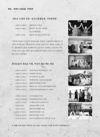 6
특집 _ 박영숙 선생님을 기억하며
새로운 도전과 성취 : 남녀고용평등법, 가족법개정
�1987.11-1992.5 평화민주당 부총재
�1988.5-1992.5 대한민국 제 13대 국회의원
(보건사회위원회)
�1998.5-2006 대통령 자문 통일고문회의 고문
“정당에 여성들이 들어가지 못하면 계속 여성들은 남성들에게 해달라고 요
구하는 위치에 있을 수밖에 없어요. 정치를 순화시키고, 생활과 직결되는 정
치, 생태계와의 조화를 생각해야 하는 앞으로의 시대에는 남성들과는 다른
가치를 가지고 있는 여성이 많이 진출해 강자 위주의 정치구조와 성격을 바
꿔야 한다고 생각해요.”
환경운동의 새로운 지평, 여성이 새로 짜는 세상
�1992.8-2004.2 (사)한국환경사회정책연구소 소장
�1996.10-1997.12 녹색연합 공동대표
�1998.7-2000.1 (사)사랑의친구들 총재
�1999.6-2013.5 여성환경연대 으뜸지기(공동대표)
�1999.12-2010.2 (재)한국여성재단 이사장
�2002.10-2003.7 대통령 자문 지속가능발전위원회 위원장
�2004.2-2007.5 (사)한국환경사회정책연구소 이사장
�2005.1-2013.5 (사)미래포럼 이사장
�2007.3-2013.5 여성평화외교포럼 이사장
�2007.5-2013.5 (주)페어트레이드코리아 이사
�2009-2013 (재)살림이재단 이사장
�2010-2013.5 살림정치여성행동 대표
�2011.1-2013.5 (재)한국여성재단 고문
�2012.4-2013.2 (재)안철수재단 이사장
�2012.6-2013.5 (사)아시아위민브릿지 두런두런 이사장
� <생을 마칠 때까지 현역으로 살고 싶다>, 여성신문 기사를 참고하여 작성하였습니다.
 
