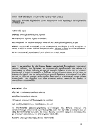 14
eoque velut forte elapso se vulneravit: κύοια ποόςαρη κοίρεχπ
(Σημείχρη: ρσμδέεςαι παοαςακςικά με ςημ ποξηγξύμεμη κύοια ποόςαρη με ςξμ ρσμπλεκςικό
ρύμδερμξ –que)
vulneravit: οήμα
(Porcia): εμμξξύμεμξ σπξκείμεμξ οήμαςξπ
se: αμςικείμεμξ οήμαςξπ (άμερη ασςξπάθεια)
eo: αταιοεςική ςξσ ξογάμξσ ρςξ οήμα vulneravit και σπξκείμεμξ ςηπ μεςξυήπ elapso
elapso: επιοοημαςική αιςιξλξγική μεςξυή σπξκειμεμικήπ αιςιξλξγίαπ (επειδή ποξηγείςαι ςξ
velut), ρσμημμέμη ρςξ eo. Δηλώμει ςξ ποξςεοόυοξμξ. Αμάλσρη μεςξυήπ: quod is elapsus esset
forte: επιοοημαςικόπ ποξρδιξοιρμόπ ςξσ ςοόπξσ ρςη μεςξυή elapso
cum viri sui consilium de interficiendo Caesare cognovisset: δεσςεοεύξσρα επιοοημαςική
υοξμική ποόςαρη, πξσ λειςξσογεί χπ επιοοημαςικόπ ποξρδιξοιρμόπ ςξσ υοόμξσ ρςξ
πεοιευόμεμξ ςηπ κύοιαπ ποόςαρηπ με οήμα ςξ poposcit. Διράγεςαι με ςξμ cum ςξμ ιρςξοικό-
διηγημαςικό, ξ ξπξίξπ σπξγοαμμίζει ςη βαθύςεοη ρυέρη ςηπ δεσςεοεύξσραπ με ςημ κύοια και
δημιξσογεί αμάμερά ςξσπ μια ρυέρη αιςίξσ και αιςιαςξύ. Δκτέοεςαι με σπξςακςική, πξσ κάμει
ταμεοό ςξμ οόλξ ςξσ σπξκειμεμικξύ ρςξιυείξσ. Σσγκεκοιμέμα, με σπξςακςική σπεορσμςελίκξσ
(cognovisset), γιαςί εναοςάςαι από οήμα ιρςξοικξύ υοόμξσ (poposcit) και δηλώμει ςξ
ποξςεοόυοξμξ ρςξ παοελθόμ.
cognovisset: οήμα
(Porcia): εμμξξύμεμξ σπξκείμεμξ οήμαςξπ
consilium: αμςικείμεμξ οήμαςξπ
viri: γεμική σπξκειμεμική/δημιξσογξύ ρςξ consilium
sui: ξμξιόπςχςξπ επιθεςικόπ ποξρδιξοιρμόπ ρςξ viri
de interficiendo Caesare: εμποόθεςξπ ποξρδιξοιρμόπ πξσ δηλώμει αματξοά ρςξ
consilium.Έυξσμε σπξυοεχςική γεοξσμδιακή έλνη, γιαςί ποιμ ςημ έλνη η τοάρη θα είυε χπ
ενήπ: de interficiendo Caesarem. Θα είυαμε, δηλαδή, εμποόθεςη αταιοεςική ςξσ γεοξσμδίξσ
με αμςικείμεμξ ρε αιςιαςική, πξσ απαιςεί γεοξσμδιακή έλνη.
Caesare: σπξκείμεμξ ςξσ γεοξσμδιακξύ interficiendo
 