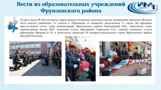 1
24 мая в школе № 364 состоялось торжественное построение кадетских классов, посвященное принятию «Кодекса
чести кадета» учащимися 7-х классов и «Прощанию со знаменем» выпускников 11 класса. На празднике
присутствовали гости: глава администрации Фрунзенского района Омельницкий В.В., заместитель главы
администрации Белова И.И., начальник отдела образования Гавриленко Е.Б., главный специалист отдела
образования Махрова Н. Н. и заместитель директора 58 пожарно-спасательного отряда Фрунзенского района
Дмитрий Холомьев.
 
