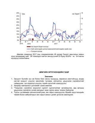 Аймгийн хэмжээнд 2017 оны эпидемологийн 49 дугаар 7хоногт амьсгалын замын
хүнд халдвараар нийт 36 тохиолдол хэвтэн эмчлүүсэний 23 буюу /63,8%/ нь 0-4 насны
хүүхдүүд эзэлж байна.
АЙМГИЙН ЭРҮҮЛ МЭНДИЙН ГАЗАР
Зөвлөмж
1. Эрсдэлт бүлгийн хүн ам болох бага насны хүүхдүүд, жирэмсэн эмэгтэйчүүд, өндөр
настай хүмүүст үзүүлэх эмнэлгийн тусламж, үйлчилгээ, урьдчилан сэргийлэлтийг
сайжруулах, цаг алдалгүй үзүүлэх, гэрийн эргэлтийг нэмэгдүүлэх
2. Халдвар хамгааллын дэглэмийг сахиж ажиллах
3. “Томуугаас сэргийлэх мэдээлэл сургалт сурталчилгааг эрчимжүүлэх, ард иргэдэд
урьдчилан сэргийлэх энгийн аргуудыг зааж сургах ажлыг зохион байгуулах
4. Түргэн тусламжийн үйлчилгээний унаа, эмч нарыг нэмэгдүүлэх, Өрхийн эрүүл мэндийн
төвийн болон амбулаторын эмч нарын ажлын цагийг уртасган ажиллуулах
 