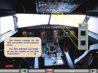 19/68
MENU 19/35
19/61
19/42
19/26
MENU 19/33
MENU 19/99
MENU 19/26
MENU
The various controls for the
APU are located on the overhead
panel.
The APU MASTER and START
pb sw are located on the APU
control panel.
MENU
 