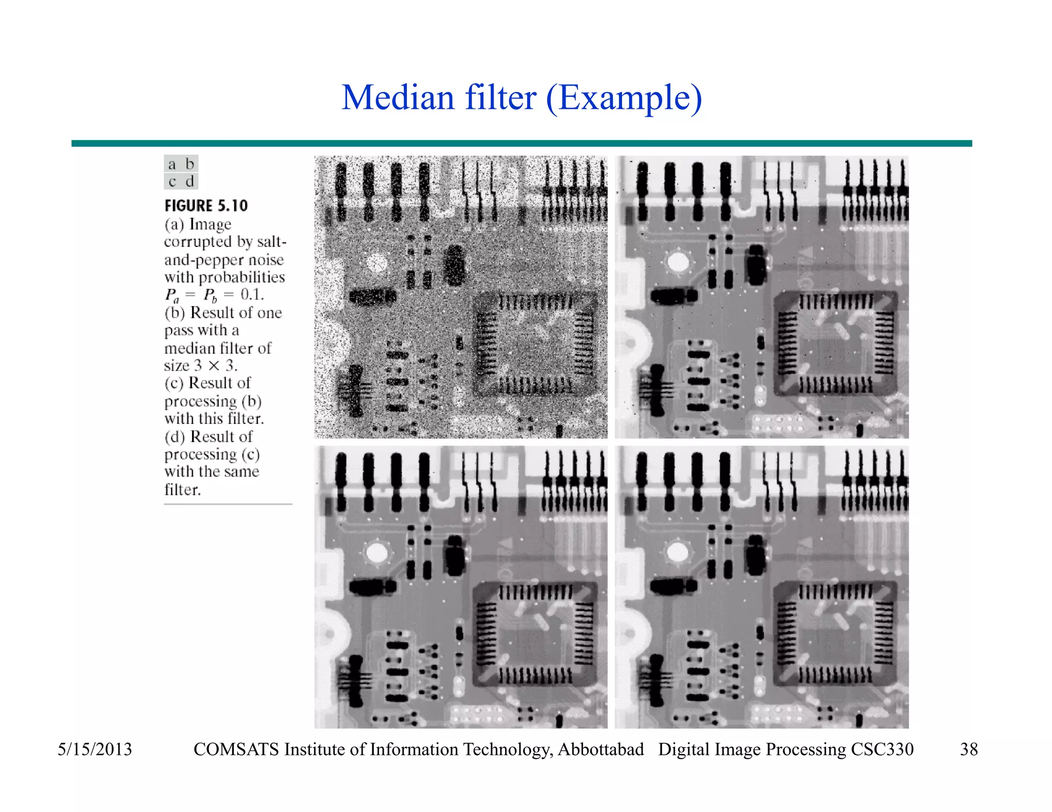Median filter (Example) 
5/15/2013 COMSATS Institute of Information Technology, Abbottabad Digital Image Processing CSC330 38 
 