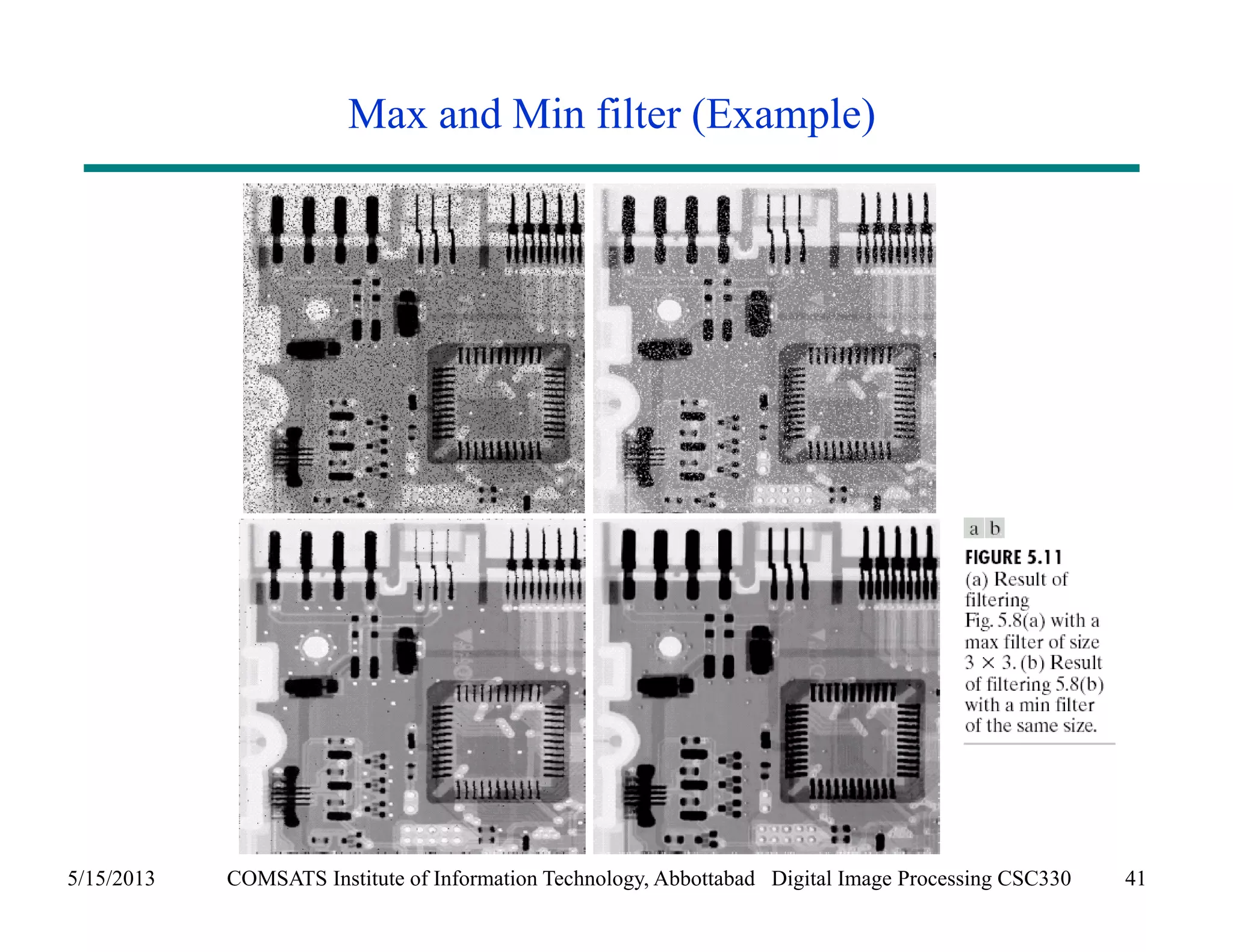 Max and Min filter (Example) 
5/15/2013 COMSATS Institute of Information Technology, Abbottabad Digital Image Processing CSC330 41 
 