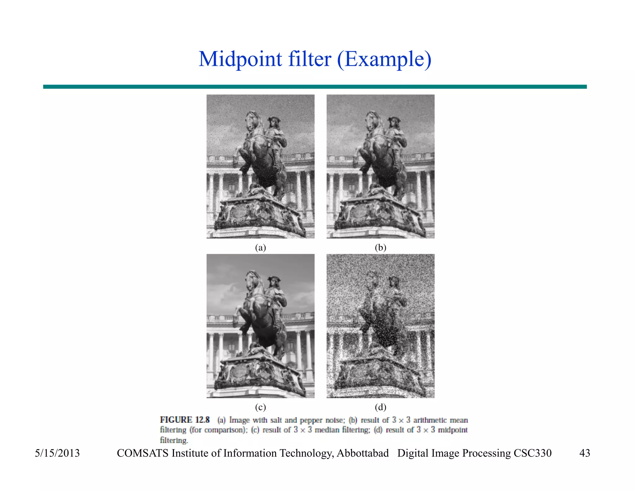 Midpoint filter (Example) 
5/15/2013 COMSATS Institute of Information Technology, Abbottabad Digital Image Processing CSC330 43 

