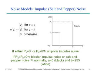 Noise Models: Impulse (Salt and Pepper) Noise 
5/15/2013 COMSATS Institute of Information Technology, Abbottabad Digital Image Processing CSC330 14 
 