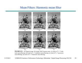 Mean Filters: Harmonic mean filter 
5/15/2013 COMSATS Institute of Information Technology, Abbottabad Digital Image Processing CSC330 29 
 