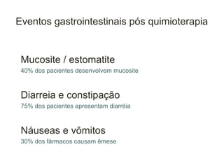 Eventos gastrointestinais pós quimioterapia


 Mucosite / estomatite
 40% dos pacientes desenvolvem mucosite



 Diarreia e constipação
 75% dos pacientes apresentam diarréia



 Náuseas e vômitos
 30% dos fármacos causam êmese
 