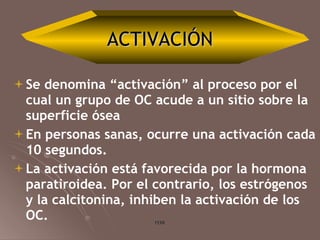 ACTIVACIÓN <ul><li>Se denomina “activación” al proceso por el cual un grupo de OC acude a un sitio sobre la superficie óse...