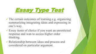 Essay Type Test | PPTX | Standardized Testing | Educational Assessment
