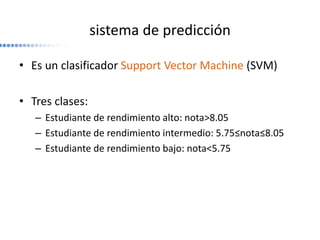 sistema de predicción
• Es un clasificador Support Vector Machine (SVM)
• Tres clases:
– Estudiante de rendimiento alto: n...
