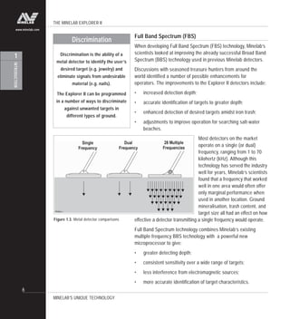 THE MINELAB EXPLORER II
6
INTRODUCTION
1
www.minelab.com
Full Band Spectrum (FBS)
When developing Full Band Spectrum (FBS) technology, Minelab’s
scientists looked at improving the already successful Broad Band
Spectrum (BBS) technology used in previous Minelab detectors.
Discussions with seasoned treasure hunters from around the
world identified a number of possible enhancements for
operators. The improvements to the Explorer II detectors include:
• increased detection depth;
• accurate identification of targets to greater depth;
• enhanced detection of desired targets amidst iron trash;
• adjustments to improve operation for searching salt-water
beaches.
Most detectors on the market
operate on a single (or dual)
frequency, ranging from 1 to 70
kilohertz (kHz). Although this
technology has served the industry
well for years, Minelab’s scientists
found that a frequency that worked
well in one area would often offer
only marginal performance when
used in another location. Ground
mineralisation, trash content, and
target size all had an effect on how
effective a detector transmitting a single frequency would operate.
Full Band Spectrum technology combines Minelab’s existing
multiple frequency BBS technology with a powerful new
microprocessor to give:
• greater detecting depth;
• consistent sensitivity over a wide range of targets;
• less interference from electromagnetic sources;
• more accurate identification of target characteristics.
MINELAB’S UNIQUE TECHNOLOGY
Discrimination
Discrimination is the ability of a
metal detector to identify the user’s
desired target (e.g. jewelry) and
eliminate signals from undesirable
material (e.g. nails).
The Explorer II can be programmed
in a number of ways to discriminate
against unwanted targets in
different types of ground.
Figure 1.3. Metal detector comparisons
 