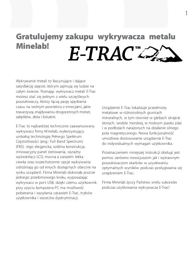 Instruction Manual E-Trac Metal Detector Polish Language l 4901 0085-…