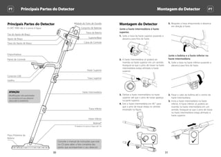 Principais Partes do Detector Montagem do Detector PTPT
3130
Principais Partes do Detector
O GPZ 7000 não é à prova d´água.
Montagem do Detector
Junte a haste intermediária à haste
superior.
1.	 Solte a trava da haste superior puxando a
alavanca para fora da haste.
2.	 A haste intermediária só poderá ser
inserida na haste superior em um sentido.
Assegure-se que o pino de travar na haste
intermediária esteja alinhado à haste
superior.
3.	 Deslize a haste intermediária na haste
superior até que o pino de travar apareça
na parte superior.
4.	 Gire a haste intermediária em 90 ° para
que o pino de travar esteja no sentido
mostrado na figura.
5.	 Bloqueie a trava empurrando a alavanca
em direção à haste.
Junte a bobina e a haste inferior na
haste intermediária
1.	 Solte a trava na haste inferior puxando a
alavanca para fora da haste.
2.	 Passe o cabo da bobina até o centro da
haste intermediária.
3.	 Insira a haste intermediária na haste
inferior. A haste inferior só poderá ser
inserida na haste intermediária em um
sentido. Assegure-se que o pino de travar
na haste intermediária esteja alinhado à
haste superior.
*A Bobina é à prova d´água até 1m
Conjunto de Baterias
Trava da Bateria
Suporte/Base
Caixa de Controle
Gatilho
Trava Superior
Trava Inferior
Haste Inferior
Bobinal*
Módulo do Fone de Ouvido
Painel de Controle
Empunhadura
Apoio de Braço
Tira do Apoio de Braço
Trava do Apoio de Braço
Conector USB
Haste Intermediária
Haste Superior
Consulte o manual de instruções que está
no CD para saber a lista completa das
partes que acompanham o seu detector.
Placa Protetora da
Bobina
ATENÇÃO
Modificações não autorizadas
ou consertos em seu detector
ANULARÁ A GARANTIA.
 