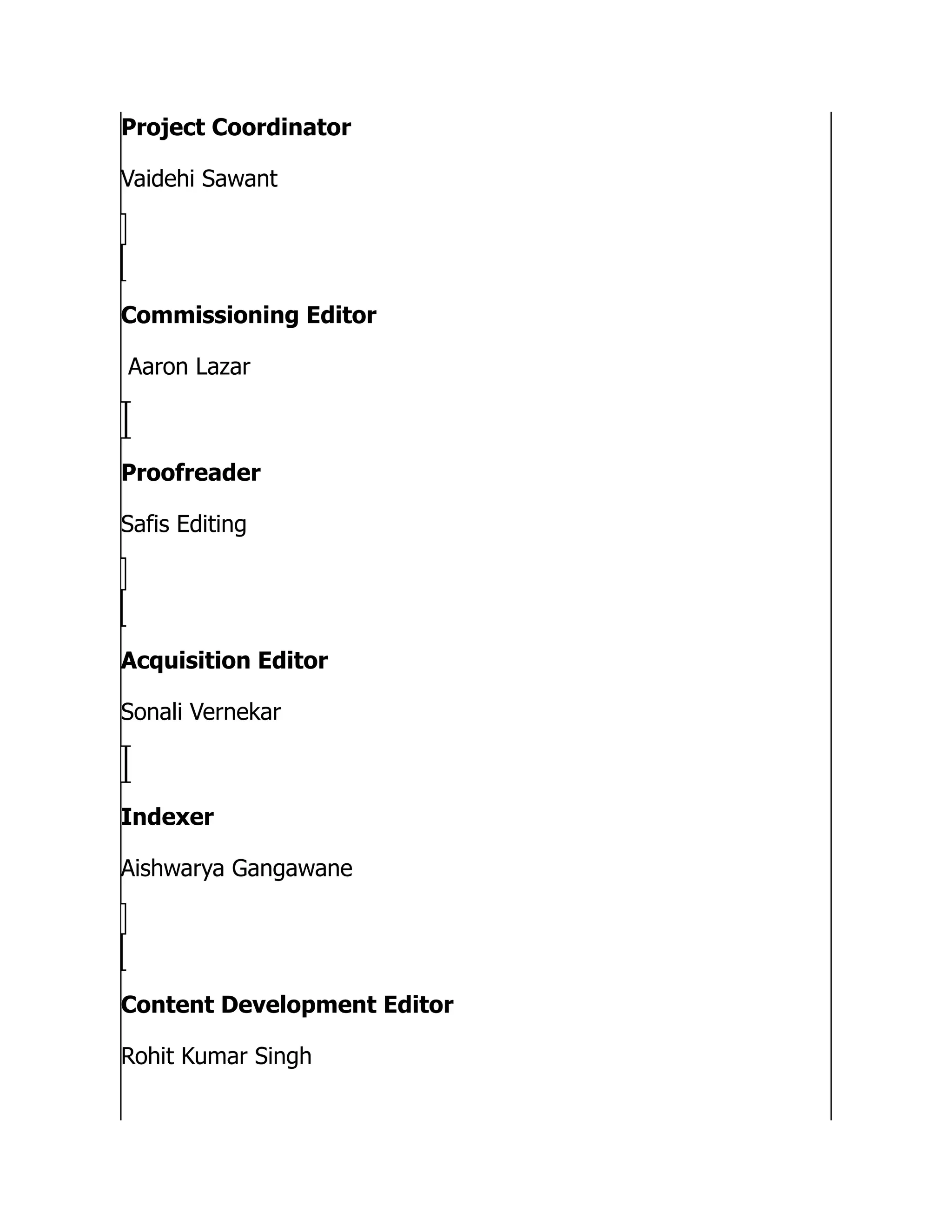 Project Coordinator Vaidehi Sawant Commissioning Editor Aaron Lazar Proofreader Safis Editing Acquisition Editor Sonali Vernekar Indexer Aishwarya Gangawane Content Development Editor Rohit Kumar Singh 