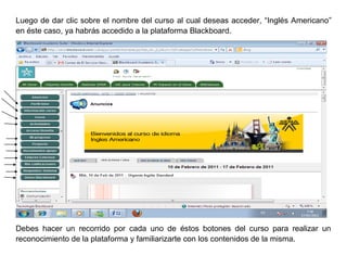 Luego de dar clic sobre el nombre del curso al cual deseas acceder, “Inglés Americano”
en éste caso, ya habrás accedido a la plataforma Blackboard.




Debes hacer un recorrido por cada uno de éstos botones del curso para realizar un
reconocimiento de la plataforma y familiarizarte con los contenidos de la misma.
 
