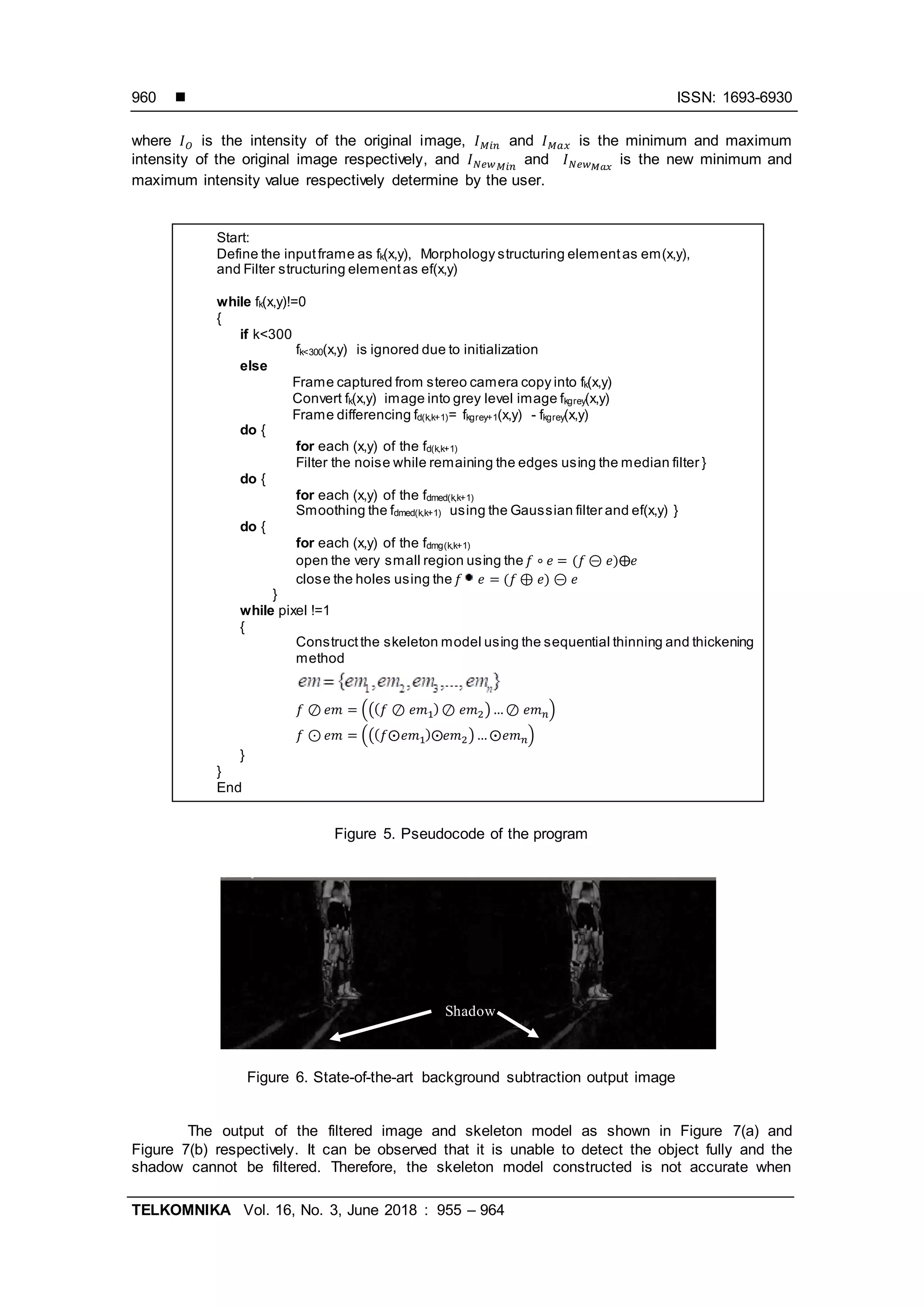  ISSN: 1693-6930
TELKOMNIKA Vol. 16, No. 3, June 2018 : 955 – 964
960
where is the intensity of the original image, and is the minimum and maximum
intensity of the original image respectively, and and is the new minimum and
maximum intensity value respectively determine by the user.
Figure 5. Pseudocode of the program
Figure 6. State-of-the-art background subtraction output image
The output of the filtered image and skeleton model as shown in Figure 7(a) and
Figure 7(b) respectively. It can be observed that it is unable to detect the object fully and the
shadow cannot be filtered. Therefore, the skeleton model constructed is not accurate when
Start:
Define the inputframe as fk(x,y), Morphology structuring elementas em(x,y),
and Filter structuring elementas ef(x,y)
while fk(x,y)!=0
{
if k<300
fk<300(x,y) is ignored due to initialization
else
Frame captured from stereo camera copy into fk(x,y)
Convert fk(x,y) image into grey level image fkgrey(x,y)
Frame differencing fd(k,k+1)= fkgrey+1(x,y) - fkgrey(x,y)
do {
for each (x,y) of the fd(k,k+1)
Filter the noise while remaining the edges using the median filter }
do {
for each (x,y) of the fdmed(k,k+1)
Smoothing the fdmed(k,k+1) using the Gaussian filter and ef(x,y) }
do {
for each (x,y) of the fdmg(k,k+1)
open the very small region using the 𝑓 𝑒 (𝑓 𝑒) 𝑒
close the holes using the 𝑓 𝑒 (𝑓 𝑒) 𝑒
}
while pixel !=1
{
Constructthe skeleton model using the sequential thinning and thickening
method
𝑓 𝑒𝑚 ((( 𝑓 𝑒𝑚 ) 𝑒𝑚 ) 𝑒𝑚 𝑛)
𝑓 𝑒𝑚 ((( 𝑓 𝑒𝑚 ) 𝑒𝑚 ) 𝑒𝑚 𝑛)
}
}
End
Shadow
 