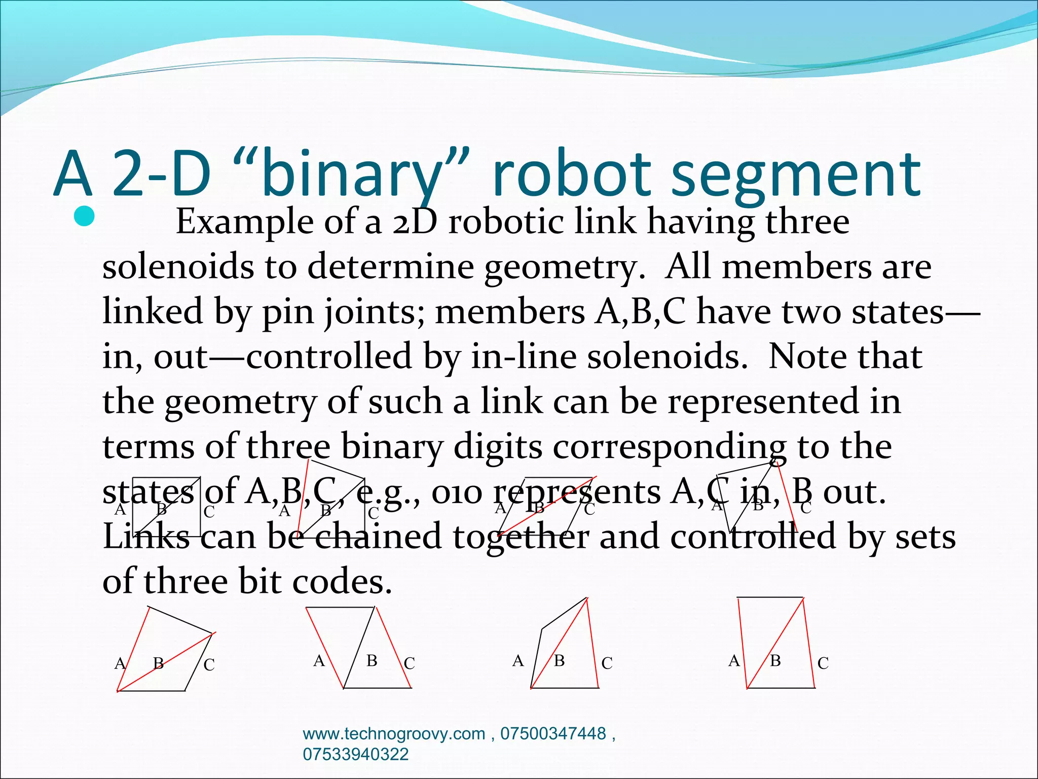 A 2-D “binary” robot segment


Example of a 2D robotic link having three
solenoids to determine geometry. All members are
linked by pin joints; members A,B,C have two states—
in, out—controlled by in-line solenoids. Note that
the geometry of such a link can be represented in
terms of three binary digits corresponding to the
states C A,B,C, e.g., 010 represents A,C in, B out.
of A B C
A
B
B
A
C
A
B
C
Links can be chained together and controlled by sets
of three bit codes.
A

B

C

A

B

C

A

B

C

www.technogroovy.com , 07500347448 ,
07533940322

A

B

C

 