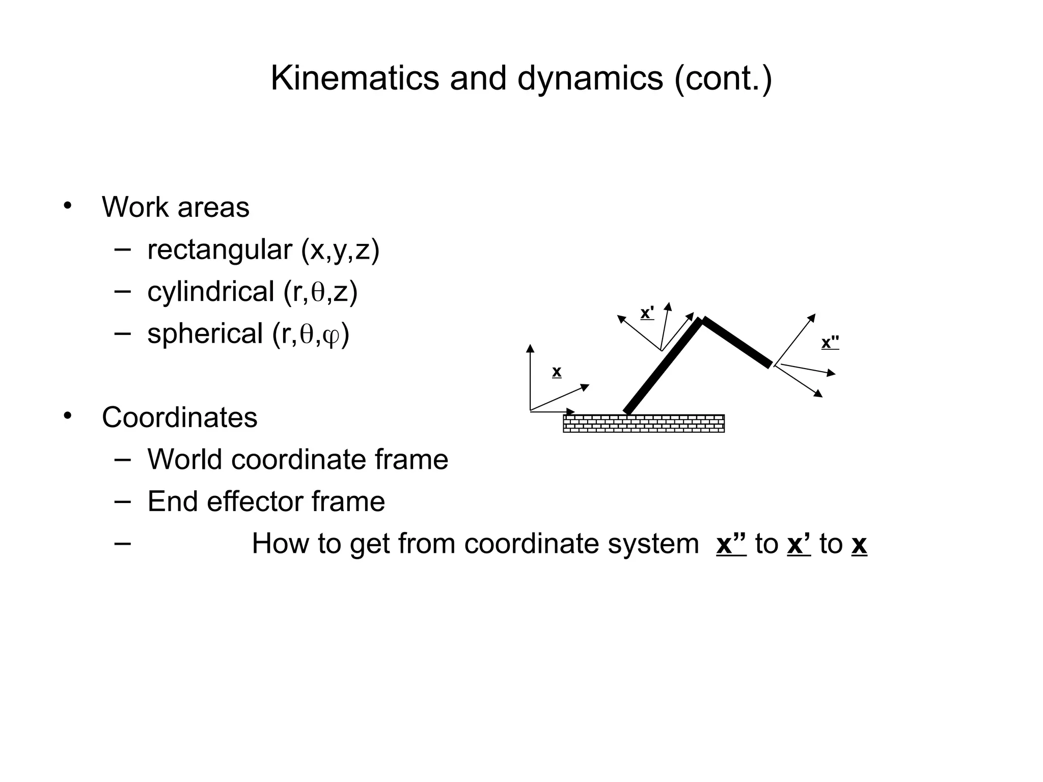 Kinematics and dynamics (cont.)
• Work areas
– rectangular (x,y,z)
– cylindrical (r,,z)
– spherical (r,,)
• Coordinates
– World coordinate frame
– End effector frame
– How to get from coordinate system x” to x’ to x
x
x''
x'
 