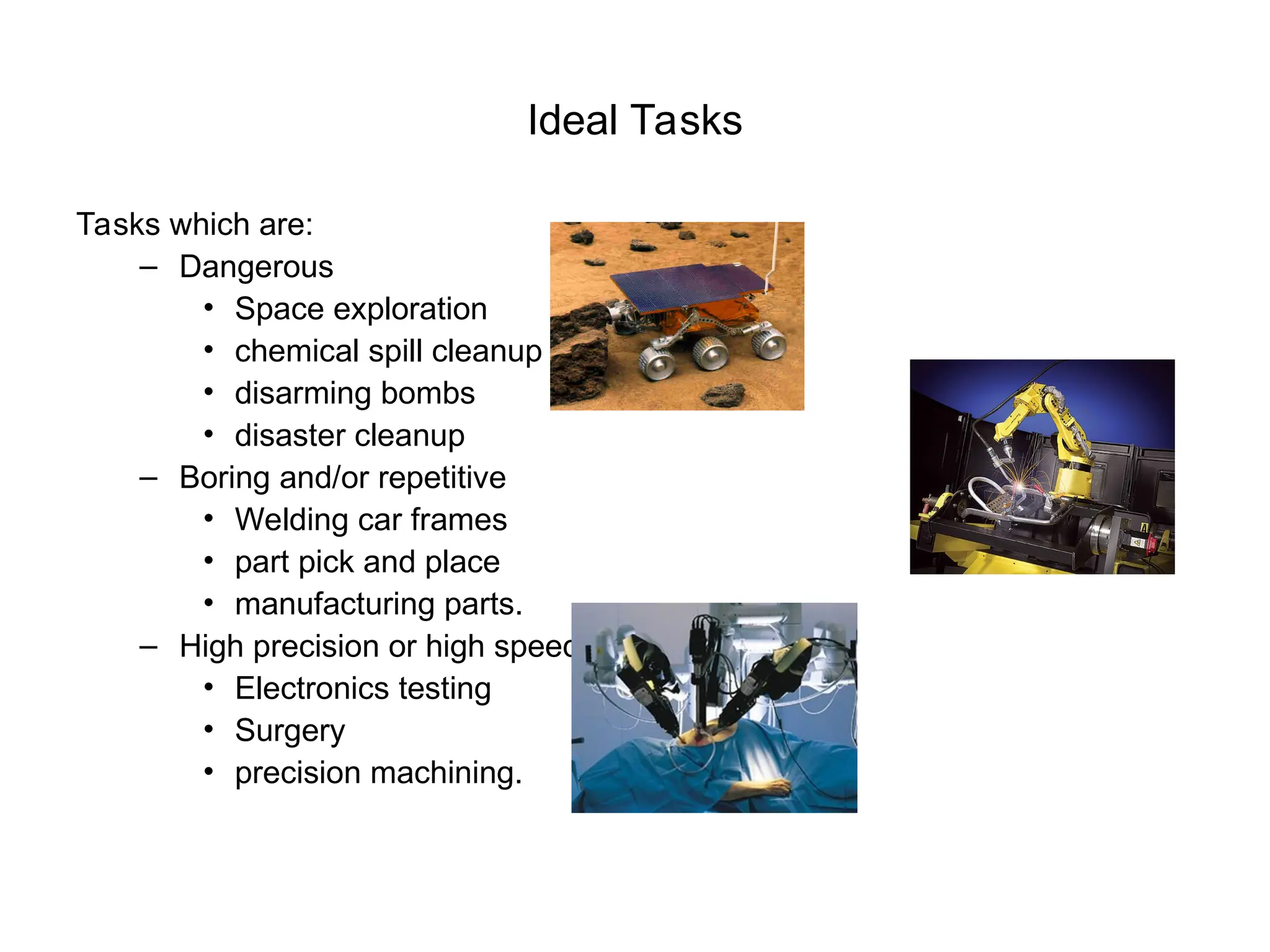 Ideal Tasks
Tasks which are:
– Dangerous
• Space exploration
• chemical spill cleanup
• disarming bombs
• disaster cleanup
– Boring and/or repetitive
• Welding car frames
• part pick and place
• manufacturing parts.
– High precision or high speed
• Electronics testing
• Surgery
• precision machining.
 