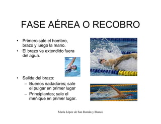 María López de San Román y Blanco
FASE AÉREA O RECOBRO
‡ Primero sale el hombro,
brazo y luego la mano.
‡ El brazo va extendido fuera
del agua.
‡ Salida del brazo:
± Buenos nadadores; sale
el pulgar en primer lugar
± Principiantes; sale el
meñique en primer lugar.
 