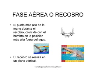 María López de San Román y Blanco
FASE AÉREA O RECOBRO
‡ El punto más alto de la
mano durante el
recobro, coincide con el
hombro en la posición
más alta fuera del agua.
‡ El recobro se realiza en
un plano vertical.
 
