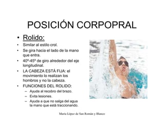 María López de San Román y Blanco
POSICIÓN CORPOPRAL
‡ Rolido:
‡ Similar al estilo crol.
‡ Se gira hacia el lado de la mano
que entra.
‡ 40º-45º de giro alrededor del eje
longitudinal.
‡ LA CABEZA ESTÁ FIJA: el
movimiento lo realizan los
hombros y no la cabeza.
‡ FUNCIONES DEL ROLIDO:
± Ayuda al recobro del brazo.
± Evita lesiones.
± Ayuda a que no salga del agua
la mano que está traccionando.
 