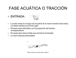 María López de San Román y Blanco
FASE ACUÁTICA O TRACCIÓN
‡ ENTRADA:
‡ La mano entra en el agua con la palma de la mano mirando hacia fuera,
y el dedo meñique en primer lugar.
‡ El brazo entra extendido y en la proyección del hombro
correspondiente.
‡ El cuerpo gira hacia el lado que comienza la brazada.
‡ La mano alcanza profundidad.
 