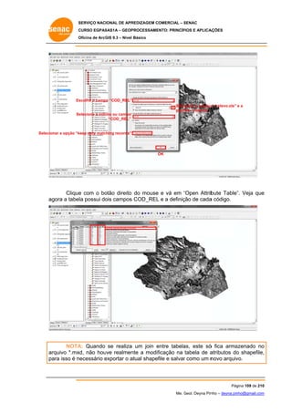 SERVIÇO NACIONAL DE APR
S
REDIZAGEM COMERCIAL – SENAC
S
CURSO EGPAS
C
SAS1A – GEOP
PROCESSAME
ENTO: PRINCÍP
PIOS E APLICA
AÇÕES
Oficina de ArcG 9.3 – Nível Básico
O
GIS

Es
scolha o camp “COD_REL”
po
”
Selec
cione o arquivo “relevo.xls” e a
o
plani
ilha “relevo$”
Se
elecione a colu ou campo
una
“COD_REL”

Selecion a opção “k
nar
keep only matc
ching records”

OK
O

Clique com o bo
e
otão direito do mouse e vá em “Open Attrib
“
bute Table” Veja que
”.
e
gora a tabela possui do campos COD_REL e a definiç de cada código.
ois
s
L
ção
a
ag

NOTA Quando se realiza um join entre tabela este só fica arma
A:
a
e
as,
ó
azenado no
o
rquivo *.mx não hou realmen a modif
xd,
uve
nte
ficação na tabela de a
atributos do shapefile,
o
,
ar
pa isso é n
ara
necessário exportar o a
e
atual shapef e salvar como um n
file
r
novo arquiv
vo.

Pág
gina 109 de 210
0
Me. Geol. Deyna Pin – deyna.pin
G
nho
nho@gmail.com
m

 