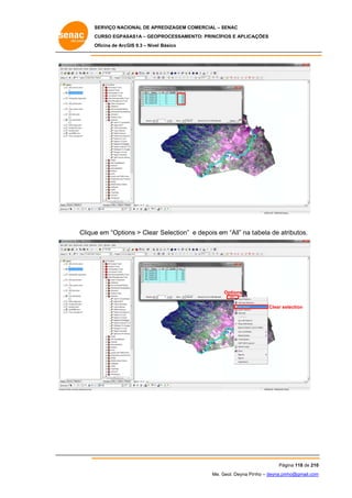 SERVIÇO NACIONAL DE APR
S
REDIZAGEM COMERCIAL – SENAC
S
CURSO EGPAS
C
SAS1A – GEOP
PROCESSAME
ENTO: PRINCÍP
PIOS E APLICA
AÇÕES
Oficina de ArcG 9.3 – Nível Básico
O
GIS

Clique em “Optio > Clear Selection” e depois em “All” na ta
e
ons
abela de at
tributos.

Options
Clear se
election

Pág
gina 118 de 210
0
Me. Geol. Deyna Pin – deyna.pin
G
nho
nho@gmail.com
m

 