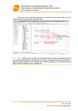 SERVIÇO NACIONAL DE APR
S
REDIZAGEM COMERCIAL – SENAC
S
CURSO EGPAS
C
SAS1A – GEOP
PROCESSAME
ENTO: PRINCÍP
PIOS E APLICA
AÇÕES
Oficina de ArcG 9.3 – Nível Básico
O
GIS

Clique em cima da primeira “data fram e arraste cada uma para o lad em uma
e
d
a
me”
e
a
do,
a
ara
alizar todas
s.
disposição pa que se possa visua

Um clique para
e
selecionar a data frame

Arraste as data frame pa
s
ara
Melhor posiciona-las

DICA cada vez que se clic em uma Data Fram da pagin de leiaute esta fica
A:
ca
a
me
na
a
om
rda
da,
mo
ordem das camadas, a
c
co uma bor tracejad ao mesm tempo, ao lado na relação e o
da frame c
ata
corresponde fica em “n
e
negrito”, isso mostra qu aquela é a data fra
o
ue
ame ativada
a
pa se edita e trabalha com os d
ara
ar
ar
dados nela.

Pág
gina 151 de 210
0
Me. Geol. Deyna Pin – deyna.pin
G
nho
nho@gmail.com
m

 