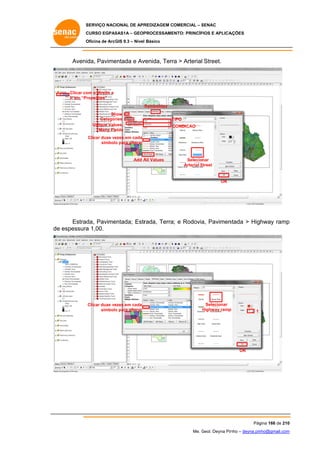 SERVIÇO NACIONAL DE APR
S
REDIZAGEM COMERCIAL – SENAC
S
CURSO EGPAS
C
SAS1A – GEOP
PROCESSAME
ENTO: PRINCÍP
PIOS E APLICA
AÇÕES
Oficina de ArcG 9.3 – Nível Básico
O
GIS

Aveni
ida, Pavime
entada e Av
venida, Terr > Arterial Street.
ra

Clicar co o direito e
om
Ir em “Properties”
S
Symbology
how
Sh
Categor
ries
Unique Valu
ues,
Many Fie
elds

TIPO
T
CONDICAO
C

Clicar duas ve
ezes em cada
símbolo para alterar
o

Add A Values
All

Selecionar
Arterial Street
S

OK

Estrad Pavime
da,
entada; Estr
rada, Terra; e Rodovia Pavimen
a,
ntada > Highway ramp
p
e
a
de espessura 1,00.

Clicar duas ve
ezes em cada
símbolo para alterar
o

Selecionar
Highway ramp
p

1

OK

Pág
gina 166 de 210
0
Me. Geol. Deyna Pin – deyna.pin
G
nho
nho@gmail.com
m

 