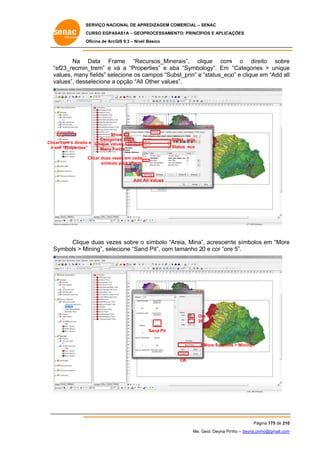 SERVIÇO NACIONAL DE APR
S
REDIZAGEM COMERCIAL – SENAC
S
CURSO EGPAS
C
SAS1A – GEOP
PROCESSAME
ENTO: PRINCÍP
PIOS E APLICA
AÇÕES
Oficina de ArcG 9.3 – Nível Básico
O
GIS

Na Data Fra
ame “Rec
cursos_Mine
erais”, clique com o dire
m
eito sobre
e
“s
sf23_recmin
n_trem” e vá a “Prope
v
erties” e ab “Symbology”. Em “Categories > unique
ba
s
e
va
alues, many fields” sele
y
ecione os c
campos “Subst_prin” e “status_eco e clique em “Add all
o”
e
l
va
alues”, dess
selecione a opção “All Other value
es”.

S
Symbology
Sh
how
Categor
ries
Clicar com o direito e Unique val
o
lues,
m
”
Ir em “Properties”
Many Fi
ields

Subst._prin
S
Status_eco
S

Clicar duas ve
ezes em cada
símbolo para alterar
o

Add A Values
All

Clique duas vezes sobre o símbolo “A
e
Areia, Mina” acrescent símbolos em “More
”,
te
s
e
ymbols > M
Mining”, sele
ecione “San d Pit”, com tamanho 20 e cor “ore 5”.
e
Sy

Or 5
re
20
0
Sand Pit
More Symbols > Mining
s

OK

Pág
gina 175 de 210
0
Me. Geol. Deyna Pin – deyna.pin
G
nho
nho@gmail.com
m

 