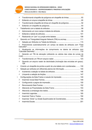 SERVIÇO NACIONAL DE APR
S
REDIZAGEM COMERCIAL – SENAC
S
CURSO EGPAS
C
SAS1A – GEOP
PROCESSAME
ENTO: PRINCÍP
PIOS E APLICA
AÇÕES
Oficina de ArcG 9.3 – Nível Básico
O
GIS

  Tran
nsformando shapefile d polígono em shapefile de linh ......................... 83
o
de
os
has.
3 
  Edit
tando um ar
rquivo shap
pefile de linh .............................
has.
............................... 85
5 
  Tran
nsformando shapefile d linhas em shapefile de polígon ......................... 92
o
de
m
e
nos.
2 
  Edit
tando um sh
hapefile de polígonos.....................................
.
............................... 93
3 
• 

Trabalhando com a tabela d e atributos. ...................................
m
.
............................... 99
9 
  Adic
cionando um novo cam à tabela de atributos ..............
m
mpo
a
............................... 99
9 
  Edit
tando a tabe de atrib utos. ..........
ela
....................................
............................. 101 
  Rea
alizando um “join” ou ju
m
unção entre tabelas. .....................
e
............................. 108
8 

• 

Geran um Triangulated Irr
ndo
regular Netw
work (TIN) no arcmap. ............................ 111 
.
  Sele
eção por At
tributos na T
Tabela de Atributos ......................
A
............................. 115
5 
  Pree
enchendo automatica mente um campo da tabela de atributos com “Field
a
e
d
Calculator”............................... ..................
....................................
............................. 117
7 
alizando as informaç
ções de comprimento na tabe
o
ela de atrib
butos com
m
  Atua
“Calculate Geometr .............. ..................
ry”
....................................
............................. 119
9 
rando um TIN de elev
T
vação (utilizando os valores das cotas de curvas de
v
s
e
  Ger
nível). ...................................... ..................
....................................
............................. 120
0 
nsformando um TIN em arquivo ra
o
m
aster............................
............................. 123
3 
  Tran
  Ger
rando um arquivo raste de decliv
a
er
vidade (inclinação das encostas em graus).
s
.
126 

• 

do
pefile de pon
ntos a partir de uma tabela com co
r
coordenadas ........ 130
s.
0 
Criand um shap

• 

Seleçã por atributos em dif
ão
ferentes pla
anos de info
ormação. ....
............................. 140
0 
  Inve
ertendo a se
eleção na ta
abela de atr
ributos .........................
............................. 146
6 
  Limpando a seleção de fe
eições. ........
....................................
............................. 147
7 

• 

gurações da Data Fram e Leiaute de impres
a
me
e
ssão. ..........
............................. 149
9 
Config
  Inse
erindo novas Data Fram ............
mes
....................................
............................. 149
9 
  Con
nfigurando a pagina de impressão ..................................
e
o.
............................. 150
0 
  Ren
nomeando Data Frame ...............
D
es
....................................
............................. 152
2 
  Alte
erando as Propriedades da Data Frame ..........................
s
F
............................. 153
3 
  Alte
erando a sim
mbologia do dados.....
os
....................................
............................. 159
9 
  Inse
erindo Lege
endas ......... ..................
....................................
............................. 185
5 
  Inse
erindo Titulo e Textos. ..................
o
....................................
............................. 194
4 
  Inse
erindo “Grids” ou Grade Quadriculada de Coo
e
ordenadas .
............................. 195
5 
  Inse
erindo Esca ............. ..................
ala.
....................................
............................. 201 

Pág
gina 210 de 210
0
Me. Geol. Deyna Pin – deyna.pin
G
nho
nho@gmail.com
m

 