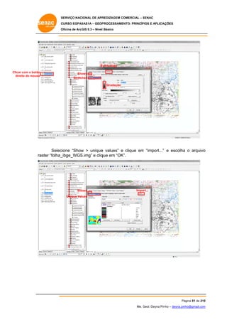 SERVIÇO NACIONAL DE APR
S
REDIZAGEM COMERCIAL – SENAC
S
CURSO EGPAS
C
SAS1A – GEOP
PROCESSAME
ENTO: PRINCÍP
PIOS E APLICA
AÇÕES
Oficina de ArcG 9.3 – Nível Básico
O
GIS

S
Symbology
Clicar com o botão
r
dire do mouse
eito

Sho
ows
Stretched
Gradação

Selec
cione “Show > unique values” e clique em “import...” e escolha o arquivo
w
e
m
”
a
o
aster “folha_
_ibge_WGS
S.img” e cliq em “OK
que
K”.
ra

Sho
ows

Import...

Unique Values

Pá
ágina 81 de 210
0
Me. Geol. Deyna Pin – deyna.pin
G
nho
nho@gmail.com
m

 