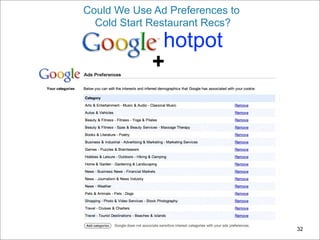 Could We Use Ad Preferences to
  Cold Start Restaurant Recs?
              hotpot
             +




                                 32
 