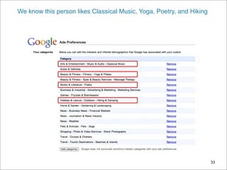 We know this person likes Classical Music, Yoga, Poetry, and Hiking




                                                                      33
 