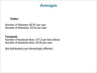 Averages


    Twitter:

Number of followers: 62.97 per user
Number of followees: 43.52 per user


Facebook:
Number of facebook likes: 217.2 per item (liked)
Number of facebook likes: 29.30 per user

But distributions are interestingly different...
 