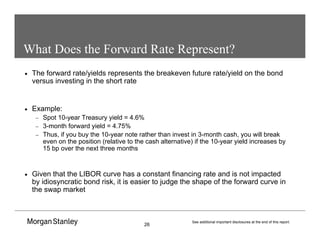 26
See additional important disclosures at the end of this report.
What Does the Forward Rate Represent?
• The forward rate/yields represents the breakeven future rate/yield on the bond
versus investing in the short rate
• Example:
− Spot 10-year Treasury yield = 4.6%
− 3-month forward yield = 4.75%
− Thus, if you buy the 10-year note rather than invest in 3-month cash, you will break
even on the position (relative to the cash alternative) if the 10-year yield increases by
15 bp over the next three months
• Given that the LIBOR curve has a constant financing rate and is not impacted
by idiosyncratic bond risk, it is easier to judge the shape of the forward curve in
the swap market
 