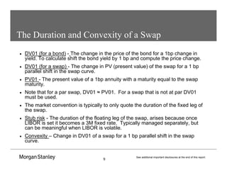 9
See additional important disclosures at the end of this report.
The Duration and Convexity of a Swap
• DV01 (for a bond) - The change in the price of the bond for a 1bp change in
yield. To calculate shift the bond yield by 1 bp and compute the price change.
• DV01 (for a swap) - The change in PV (present value) of the swap for a 1 bp
parallel shift in the swap curve.
• PV01 - The present value of a 1bp annuity with a maturity equal to the swap
maturity.
• Note that for a par swap, DV01 ≈ PV01. For a swap that is not at par DV01
must be used.
• The market convention is typically to only quote the duration of the fixed leg of
the swap.
• Stub risk - The duration of the floating leg of the swap, arises because once
LIBOR is set it becomes a 3M fixed rate. Typically managed separately, but
can be meaningful when LIBOR is volatile.
• Convexity – Change in DV01 of a swap for a 1 bp parallel shift in the swap
curve.
 