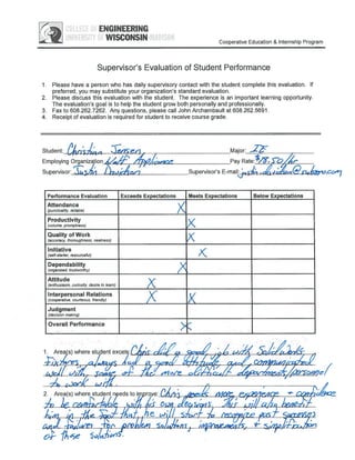 LIEGE ENGINEERING
VERSfl WISCONSIN DSON
Cooperative Education & Internship Program
Supervisor’s Evaluation of Student Performance
I Please have a person who has daily supervisory contact with the student complete this evaluation. If
preferred, you may substitute your organization’s standard evaluation.
2. Please discuss this evaluation with the student. The experience is an important learning opportunity.
The evaluation’s goal is to help the student grow both personally and professionally.
3. Fax to 608.262.7262. Any questions, please call John Archambault at 608.262.5691.
4. Receipt of evaluation is required for student to receive course grade.
Student: Major:
Employing Organiza1tion .A-4A9 J14’Mr
Supervisor: .sL5Ac7 J’,/€?40’7
1. Area(s) where student excels:r ,;
—c aJagc LI
2. Area(s) where student needs to iinprove:________________
1, ) L. OtiH
Pay Rate:,4.
Supervisor’s E-maij i 4ifliO (.rj.t,.Cc)i47
Performance Evaluation Exceeds Expectations Meets Expectations Below Expectations
Attendance
(punctuality, reliable)
Productivity
(volume, promptness)
Quality of Work
(accuracy, thoroughness, neatness)
Initiative
(self-starte, resourceful)
Dependability
(organized, trustworthy)
Attitude
(enthusiasm, curiosity, desire to learn)
Interpersonal Relations
(cooperative, courteous, friendly)
Judgment
(decision making)
Overall Performance
.1 Ld,’
cL ( , 4lLdfTF,I?4J
44d7/ p/Sbc/’
1%dse /74),1s’.
‘ç1-; z ,7i7 7L11 ?‘
,,1j -)zi,/p7t I’ b1’h/effl SbJJLI1Y M Vmf’47’S *-
.‘:9;i/A JY?AP-2/
 