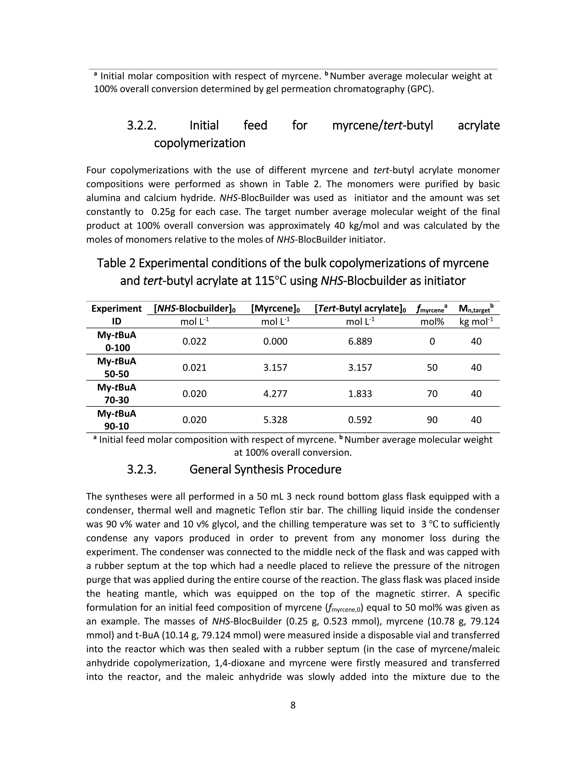 8
a
Initial molar composition with respect of myrcene. b
Number average molecular weight at
100% overall conversion determined by gel permeation chromatography (GPC).
3.2.2. Initial feed for myrcene/tert-butyl acrylate
copolymerization
Four copolymerizations with the use of different myrcene and tert-butyl acrylate monomer
compositions were performed as shown in Table 2. The monomers were purified by basic
alumina and calcium hydride. NHS-BlocBuilder was used as initiator and the amount was set
constantly to 0.25g for each case. The target number average molecular weight of the final
product at 100% overall conversion was approximately 40 kg/mol and was calculated by the
moles of monomers relative to the moles of NHS-BlocBuilder initiator.
Table 2 Experimental conditions of the bulk copolymerizations of myrcene
and tert-butyl acrylate at 115℃ using NHS-Blocbuilder as initiator
Experiment
ID
[NHS-Blocbuilder]0 [Myrcene]0 [Tert-Butyl acrylate]0 fmyrcene
a
Mn,target
b
mol L-1
mol L-1
mol L-1
mol% kg mol-1
My-tBuA
0-100
0.022 0.000 6.889 0 40
My-tBuA
50-50
0.021 3.157 3.157 50 40
My-tBuA
70-30
0.020 4.277 1.833 70 40
My-tBuA
90-10
0.020 5.328 0.592 90 40
a
Initial feed molar composition with respect of myrcene. b
Number average molecular weight
at 100% overall conversion.
3.2.3. General Synthesis Procedure
The syntheses were all performed in a 50 mL 3 neck round bottom glass flask equipped with a
condenser, thermal well and magnetic Teflon stir bar. The chilling liquid inside the condenser
was 90 v% water and 10 v% glycol, and the chilling temperature was set to 3 ℃ to sufficiently
condense any vapors produced in order to prevent from any monomer loss during the
experiment. The condenser was connected to the middle neck of the flask and was capped with
a rubber septum at the top which had a needle placed to relieve the pressure of the nitrogen
purge that was applied during the entire course of the reaction. The glass flask was placed inside
the heating mantle, which was equipped on the top of the magnetic stirrer. A specific
formulation for an initial feed composition of myrcene (fmyrcene,0) equal to 50 mol% was given as
an example. The masses of NHS-BlocBuilder (0.25 g, 0.523 mmol), myrcene (10.78 g, 79.124
mmol) and t-BuA (10.14 g, 79.124 mmol) were measured inside a disposable vial and transferred
into the reactor which was then sealed with a rubber septum (in the case of myrcene/maleic
anhydride copolymerization, 1,4-dioxane and myrcene were firstly measured and transferred
into the reactor, and the maleic anhydride was slowly added into the mixture due to the
 