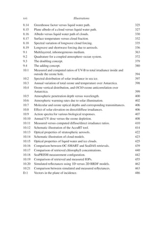 xvi Illustrations
8.14 Greenhouse factor versus liquid water path. 325
8.15 Plane albedo of a cloud versus liquid water path. 327
8.16 Albedo versus liquid water path of clouds. 330
8.17 Surface temperature versus cloud fraction. 332
8.18 Spectral variation of longwave cloud forcing. 335
8.19 Longwave and shortwave forcing due to aerosols. 336
9.1 Multilayered, inhomogeneous medium. 363
9.2 Quadrature for a coupled atmosphere–ocean system. 372
9.3 The doubling concept. 379
9.4 The adding concept. 380
10.1 Measured and computed ratios of UV-B to total irradiance inside and
outside the ozone hole. 394
10.2 Spectral distribution of solar irradiance in sea ice. 397
10.3 Annual variation of total ozone and temperature over Antarctica. 398
10.4 Ozone vertical distribution, and OClO-ozone anticorrelation over
Antarctica. 399
10.5 Atmospheric penetration depth versus wavelength. 400
10.6 Atmospheric warming rates due to solar illumination. 402
10.7 Molecular and ozone optical depths and corresponding transmittances. 406
10.8 Effect of solar elevation on direct/diffuse irradiances. 406
10.9 Action spectra for various biological responses. 407
10.10 Annual UV dose versus the ozone depletion. 408
10.11 Measured versus computed diffuse/direct irradiance ratios. 410
10.12 Schematic illustration of the AccuRT tool. 414
10.13 Optical properties of stratospheric aerosols. 422
10.14 Schematic illustration of cloud models. 423
10.15 Optical properties of liquid water and ice clouds. 425
10.16 Comparison between OC-SMART and SeaDAS retrievals. 439
10.17 Comparison of retrieved chlorophyll concentrations. 440
10.18 SeaPRISM measurement configuration. 442
10.19 Comparison of retrieved and measured IOPs. 455
10.20 Simulated reflectances using 1D versus 2D BRDF models. 462
10.21 Comparison between simulated and measured reflectances. 463
D.1 Vectors in the plane of incidence. 486
 